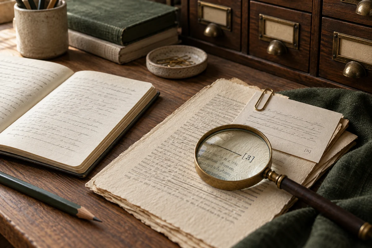 AI editorial illustration of reference cards, an original document and a magnifying lens