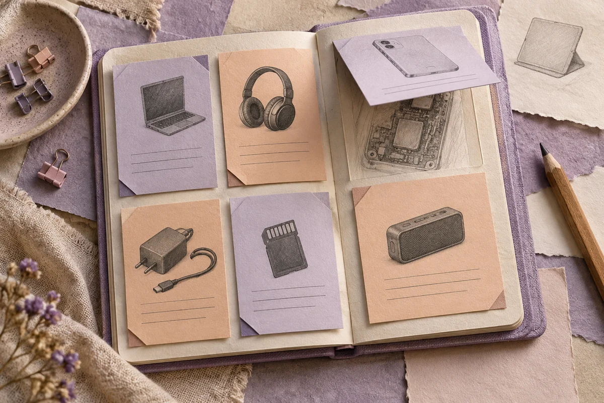 AI illustration of a notebook with folded definition cards and generic electronic-object sketches