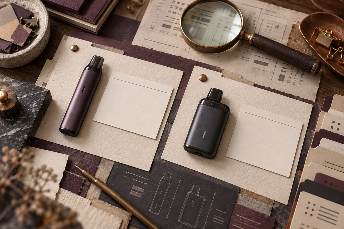 AI editorial illustration of two fictional device silhouettes on separate model record cards